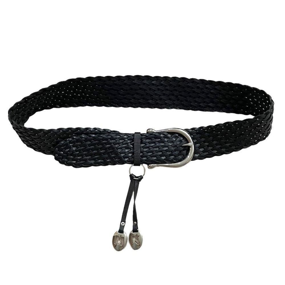 Michael Kors leather braided‎ equestrian belt designer logo charms silver black